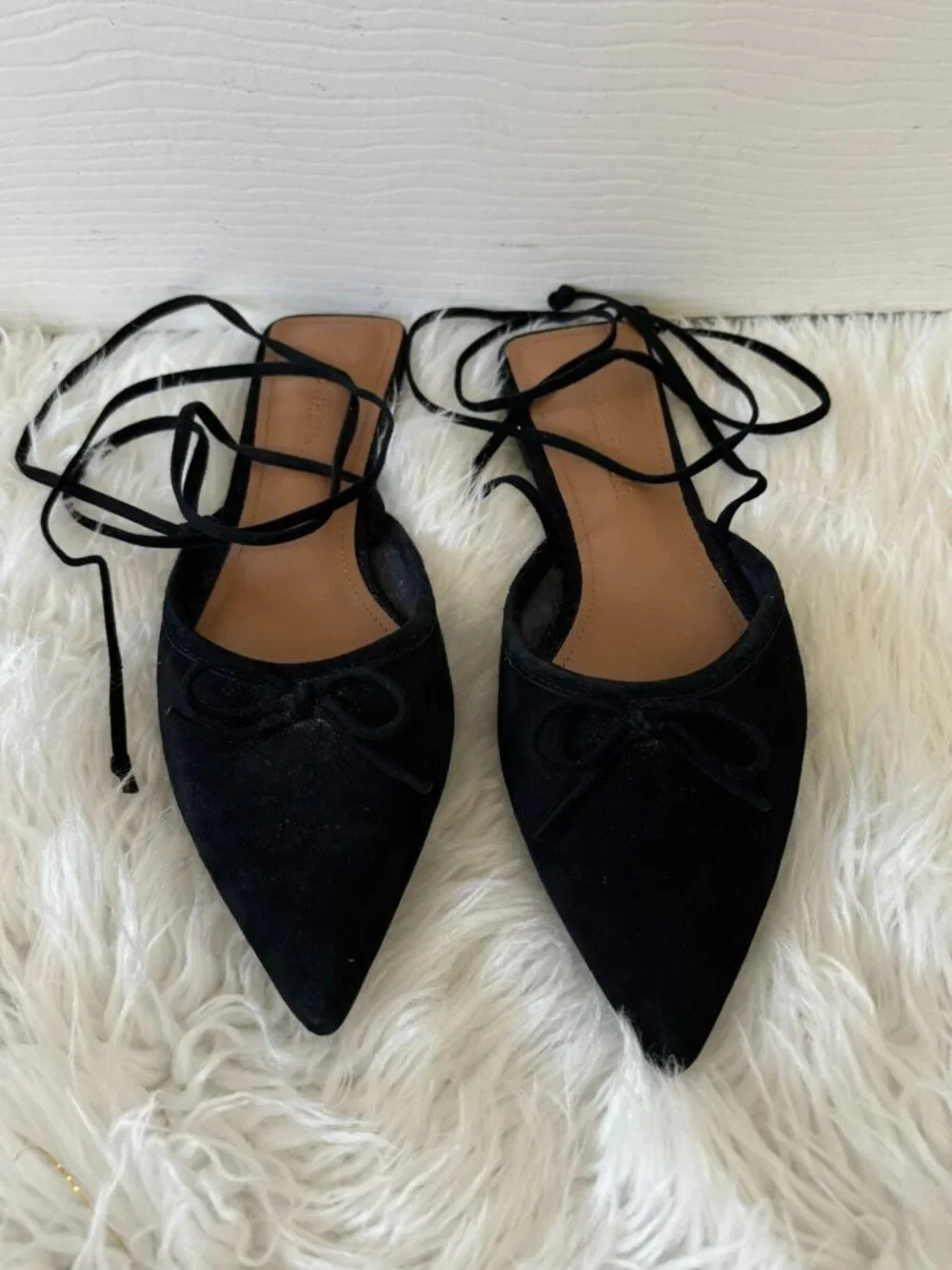 NWOB Who What Wear Black Suede Evelyn Pointed Toe Lace Up Strap Bow Flats 7 1/2